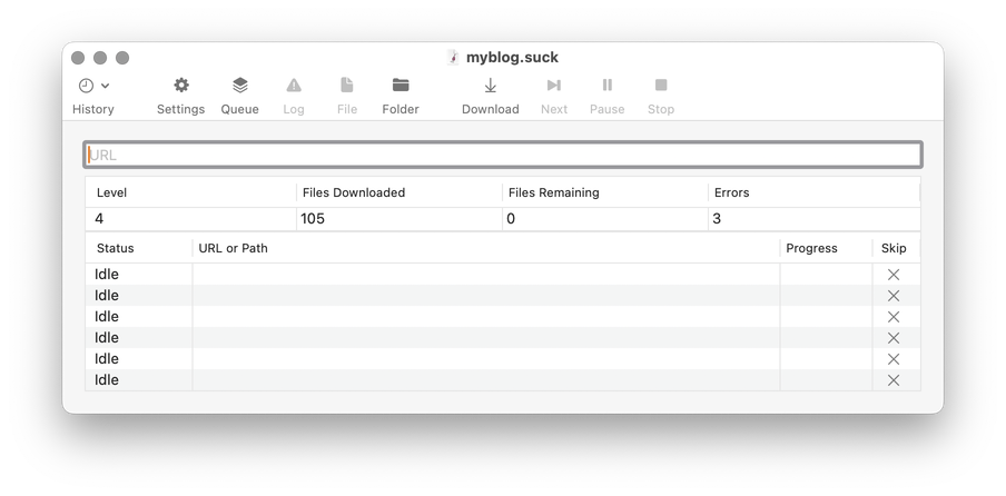 A screenshot of SiteSucker's main window