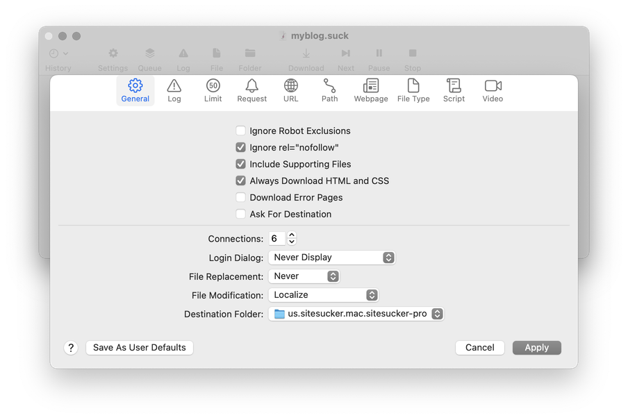 A screenshot of SiteSucker's General settings