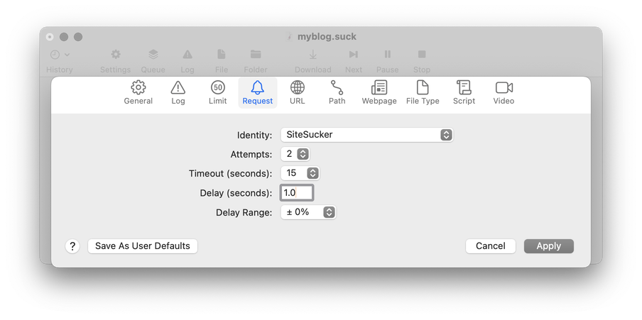 A screenshot of SiteSucker's Request settings
