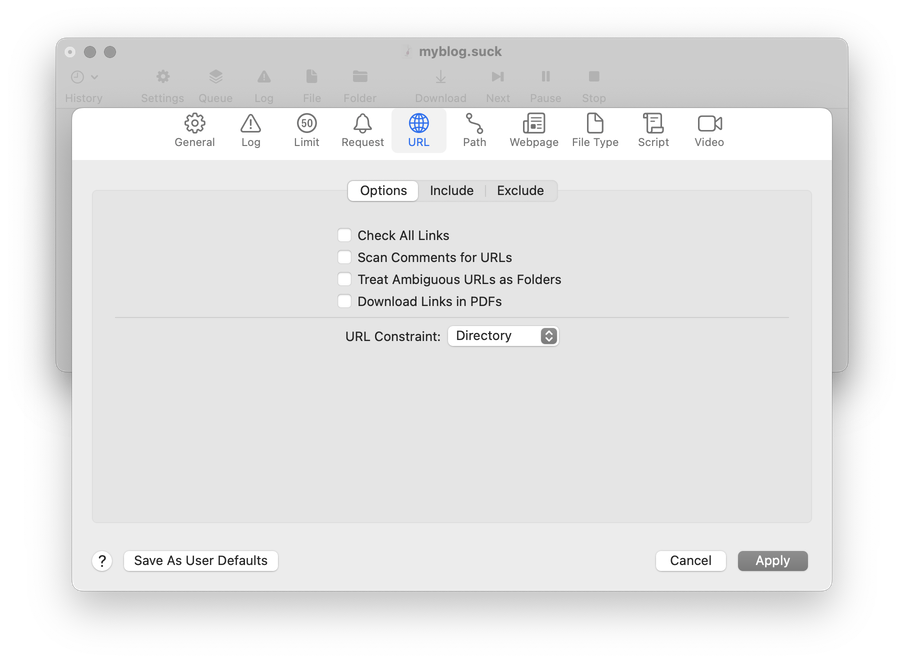 A screenshot of SiteSucker's URL Options settings