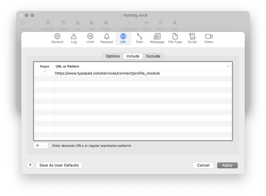 A screenshot of SiteSucker's URL Include settings