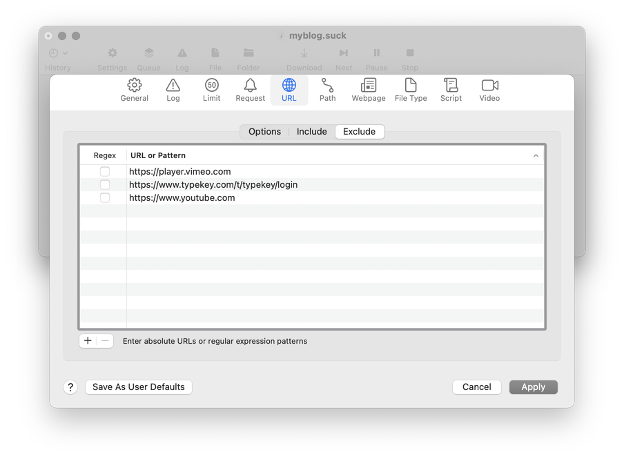 A screenshot of SiteSucker's URL Exclude settings