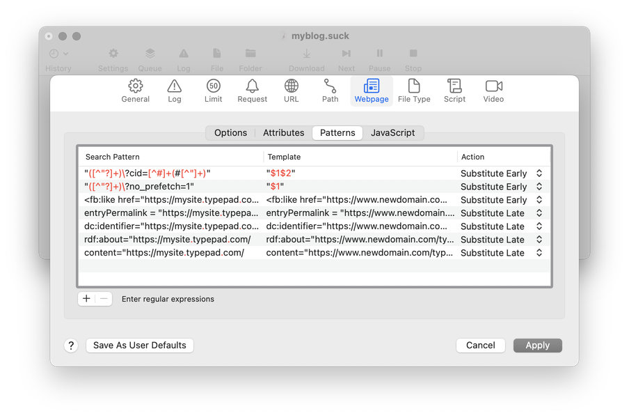 A screenshot of SiteSucker's Webpage Patterns settings