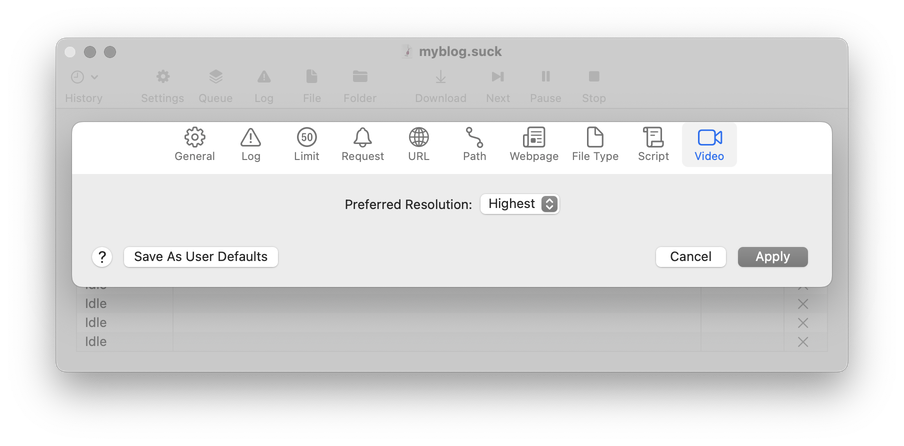 A screenshot of SiteSucker's Video settings