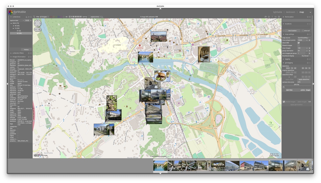 A screenshot of the darktable map screen