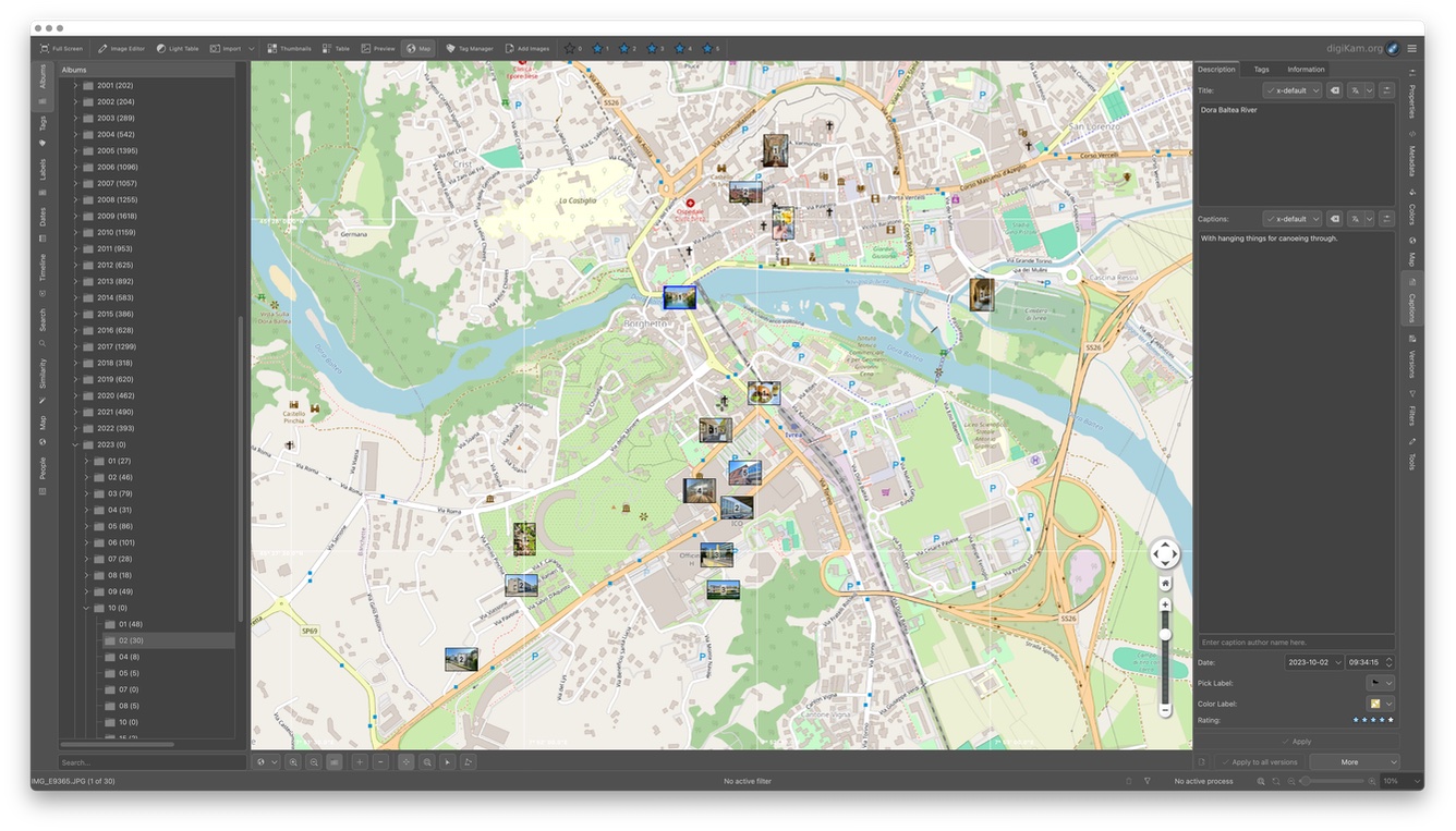 A screenshot of the digiKam maps screen