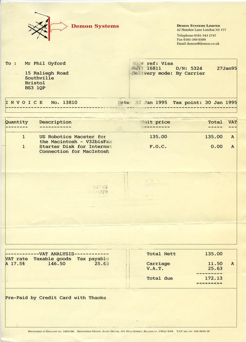 A yellow sheet of paper with a printed invoice for 'US Robotics Macster for the Macintosh - V32bisFax' for £135.00 plus £11.50 carriage and £25.63 V.A.T. for a total of £172.13