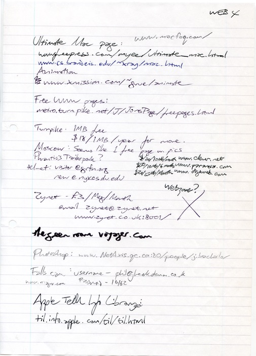 A page of lined A4 paper with handwritten notes written in black pen. The hosting services are Turnpike, Moscow, Phrantic's Trailerpark, clever.net, paranoia.com and digiweb.com.