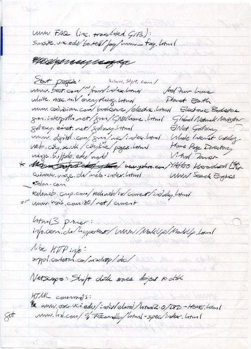 A sheet of lined A4 paper with URLs and descriptions written in black pen.