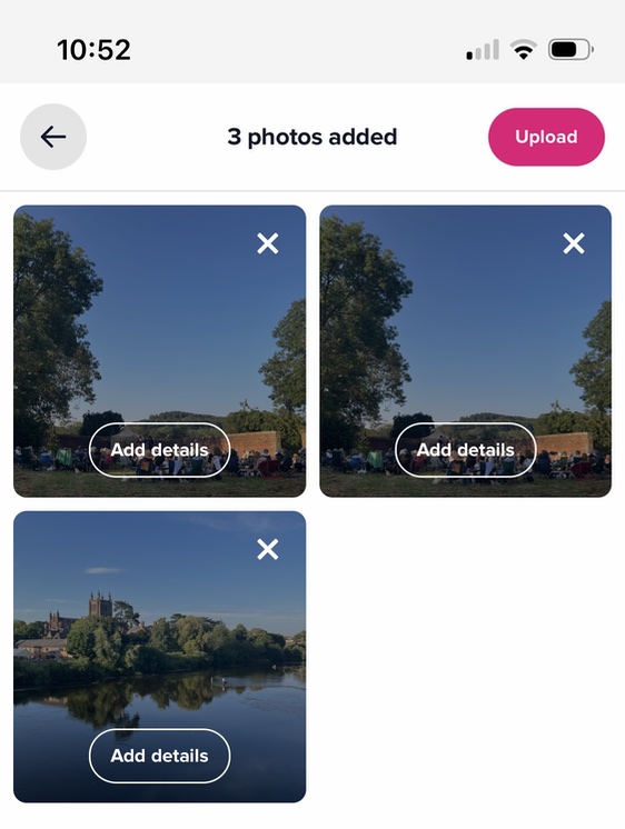 A screenshot of the app showing three photos being added. Each one has its own 'Add details' button.