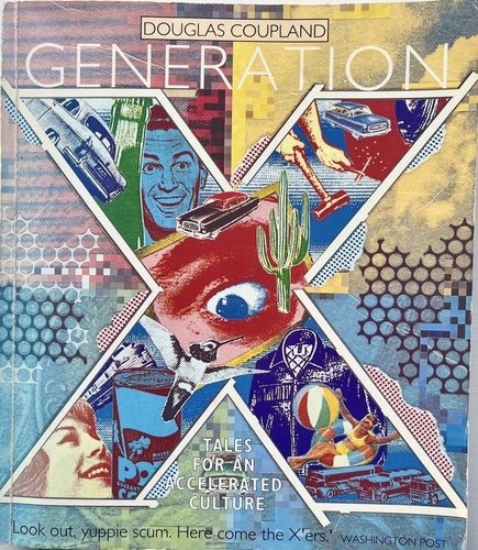 A book cover with the main feature a giant letter X. Inside it is a collage of retro American images, like clip art or parts of old advertising.