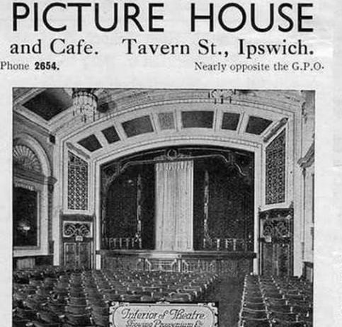 A leaflet or advert with 'PICTURE HOUSE' at the top. Below that it says 'and Cafe. Tavern St., Ipswich.' Below is a photo of a cinema auditorium, looking quite grand, including chandeliers hanging from the ceiling.